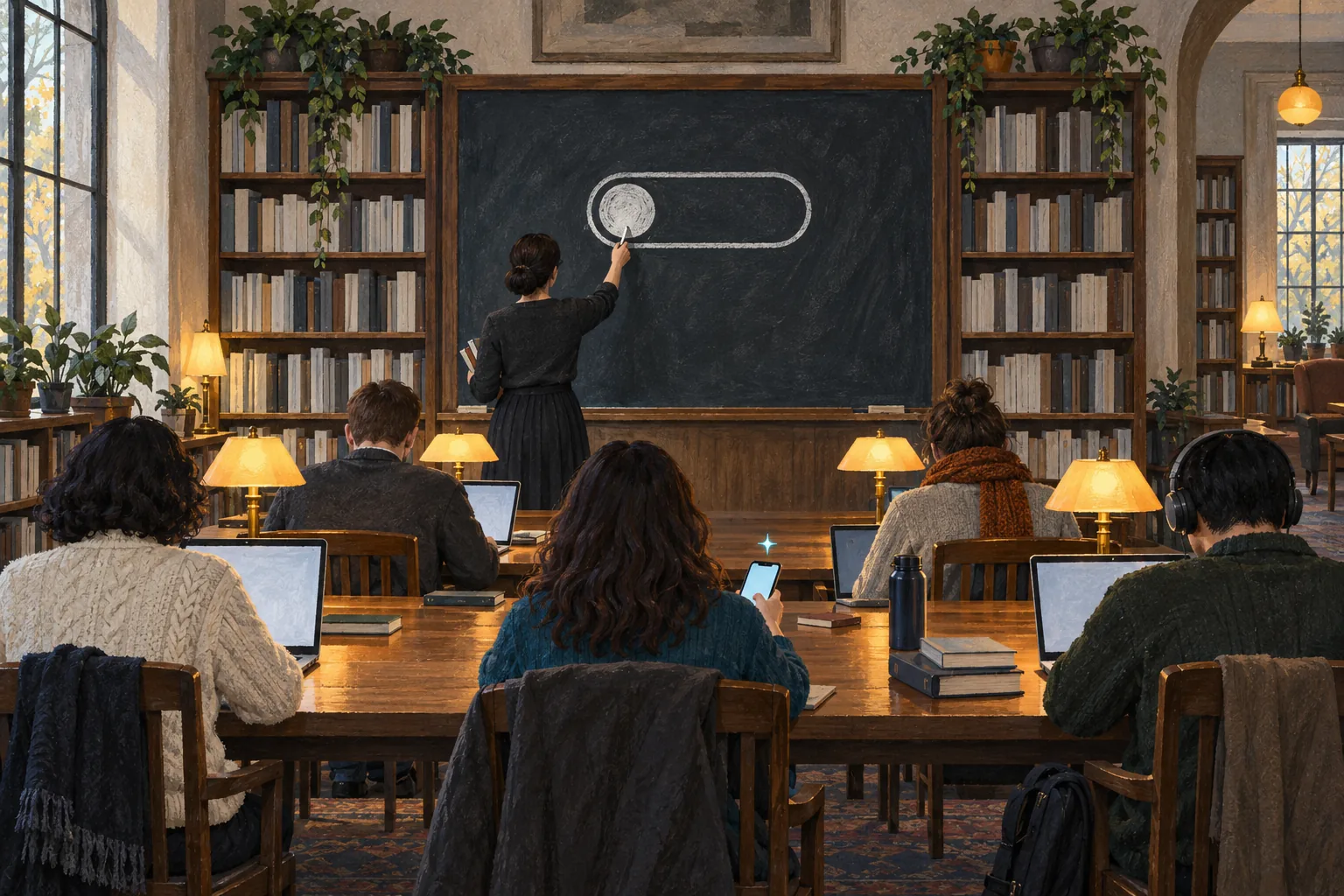 Patrons in a small library reading room follow a librarian pointing to a large switch drawn in the off position