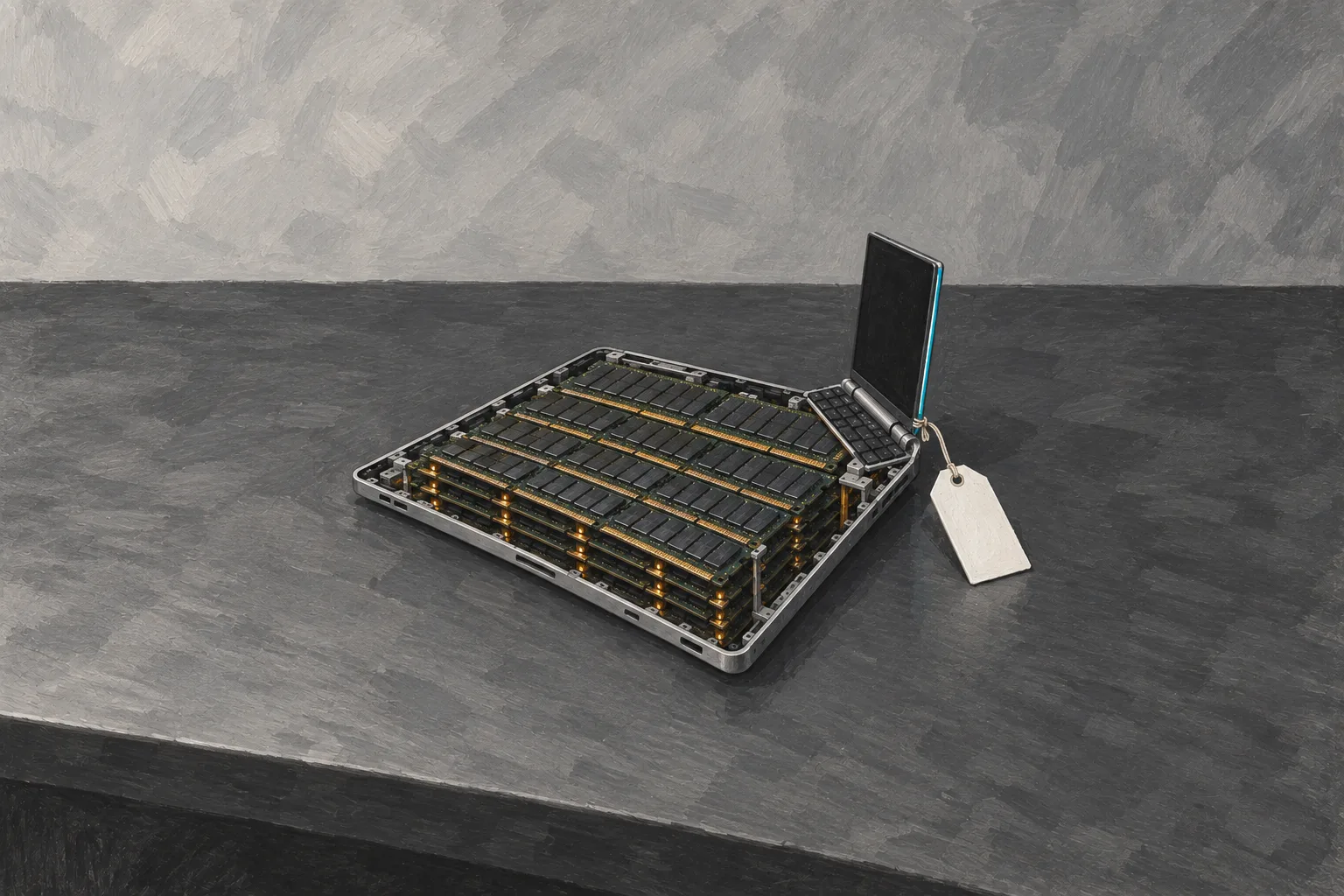 A cutaway laptop almost entirely filled with stacked memory chips, its screen and keyboard squeezed into a thin edge