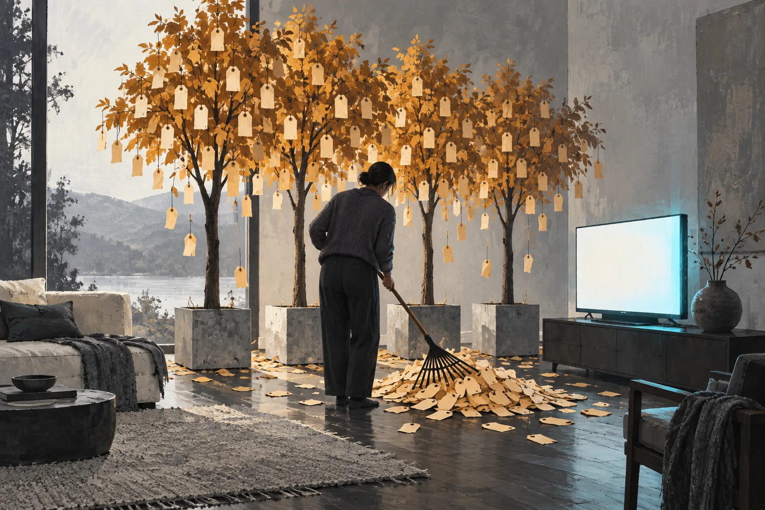 Four autumn trees drop leaves shaped like blank price tags while a person rakes them up beside a television
