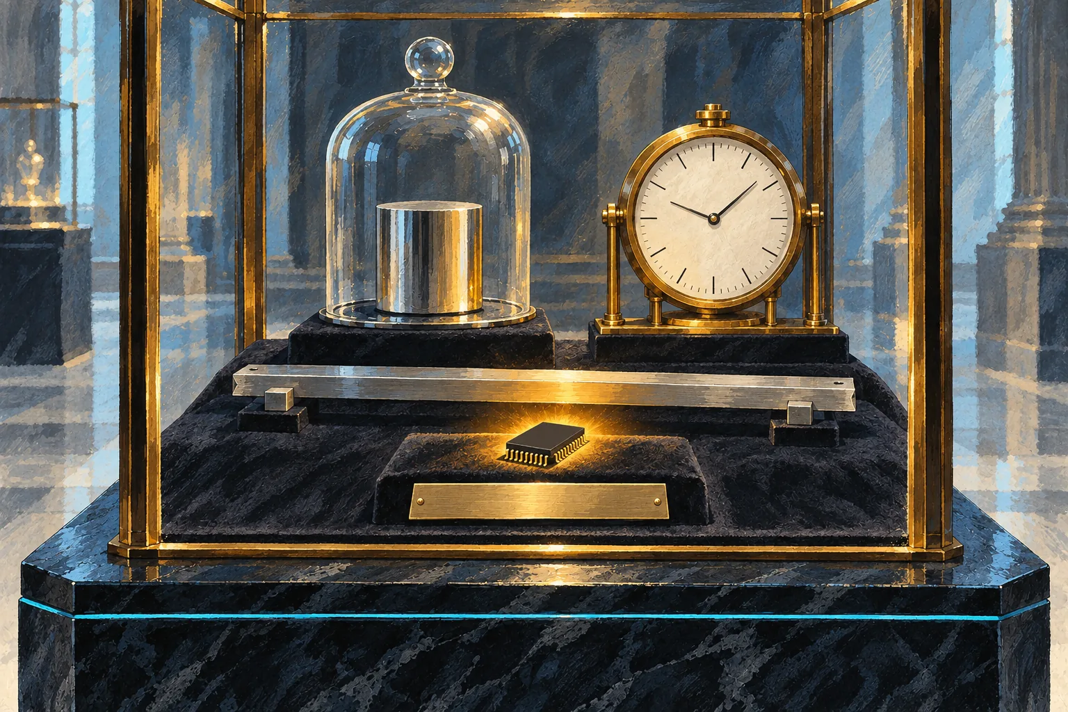 A memory chip has been placed among the reference kilogram, meter bar and clock in a measurement standards cabinet