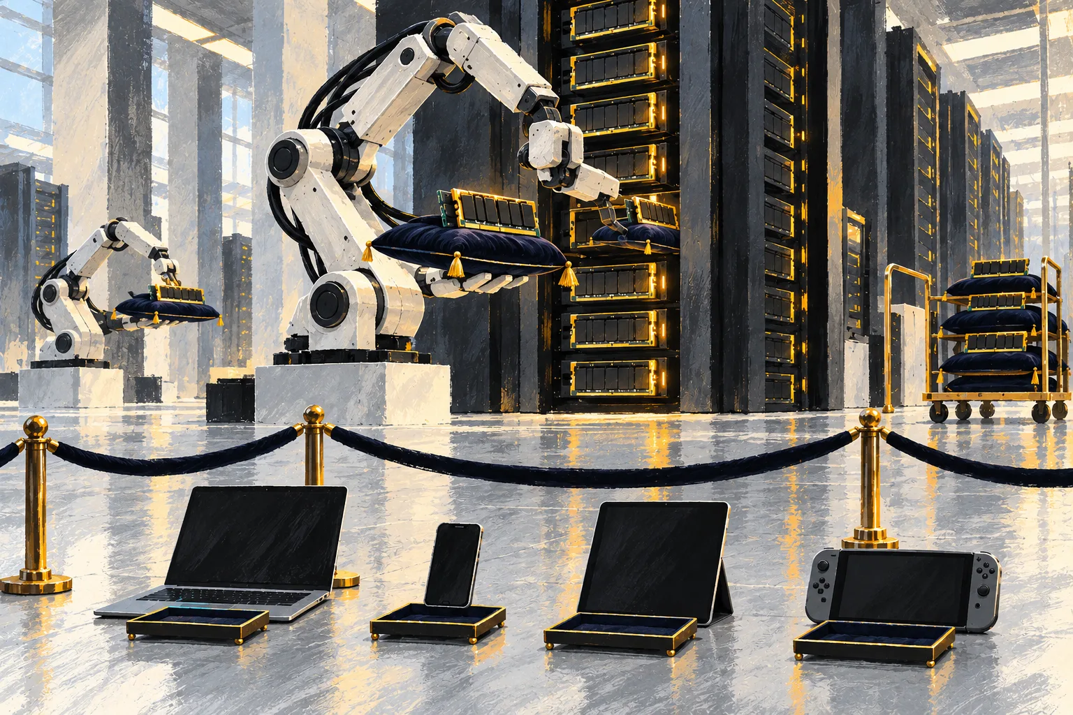 Memory modules on velvet cushions are carried to server racks while everyday devices wait behind a rope with empty trays