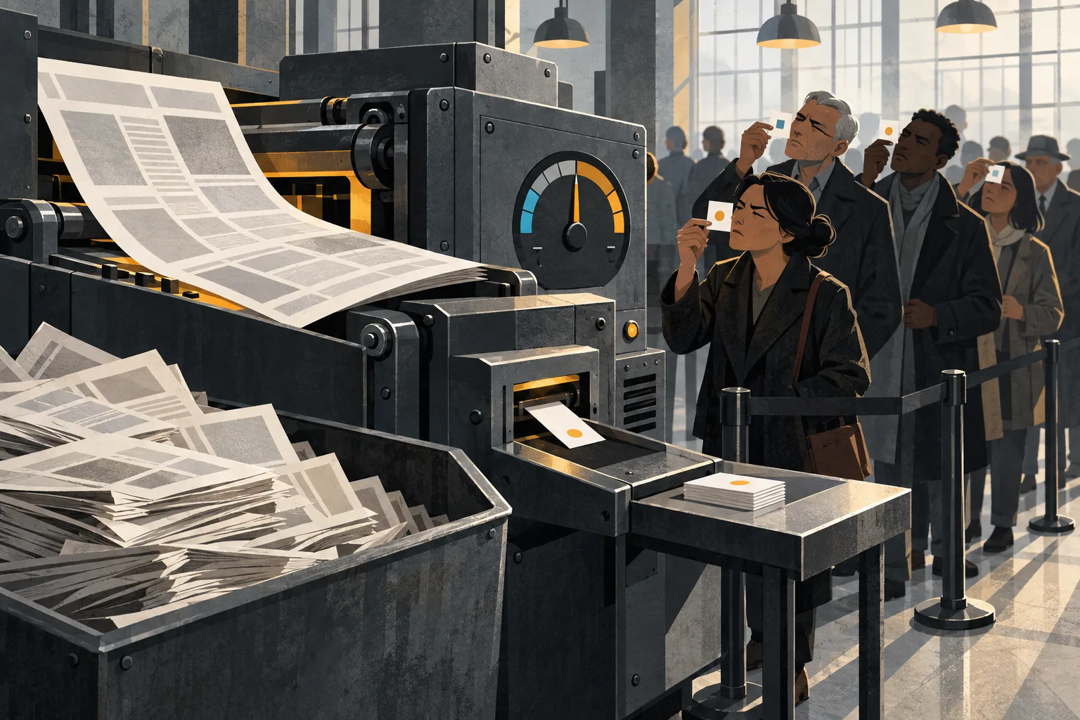 A machine turns a full newspaper into one small slip while skeptical readers squint at their slips