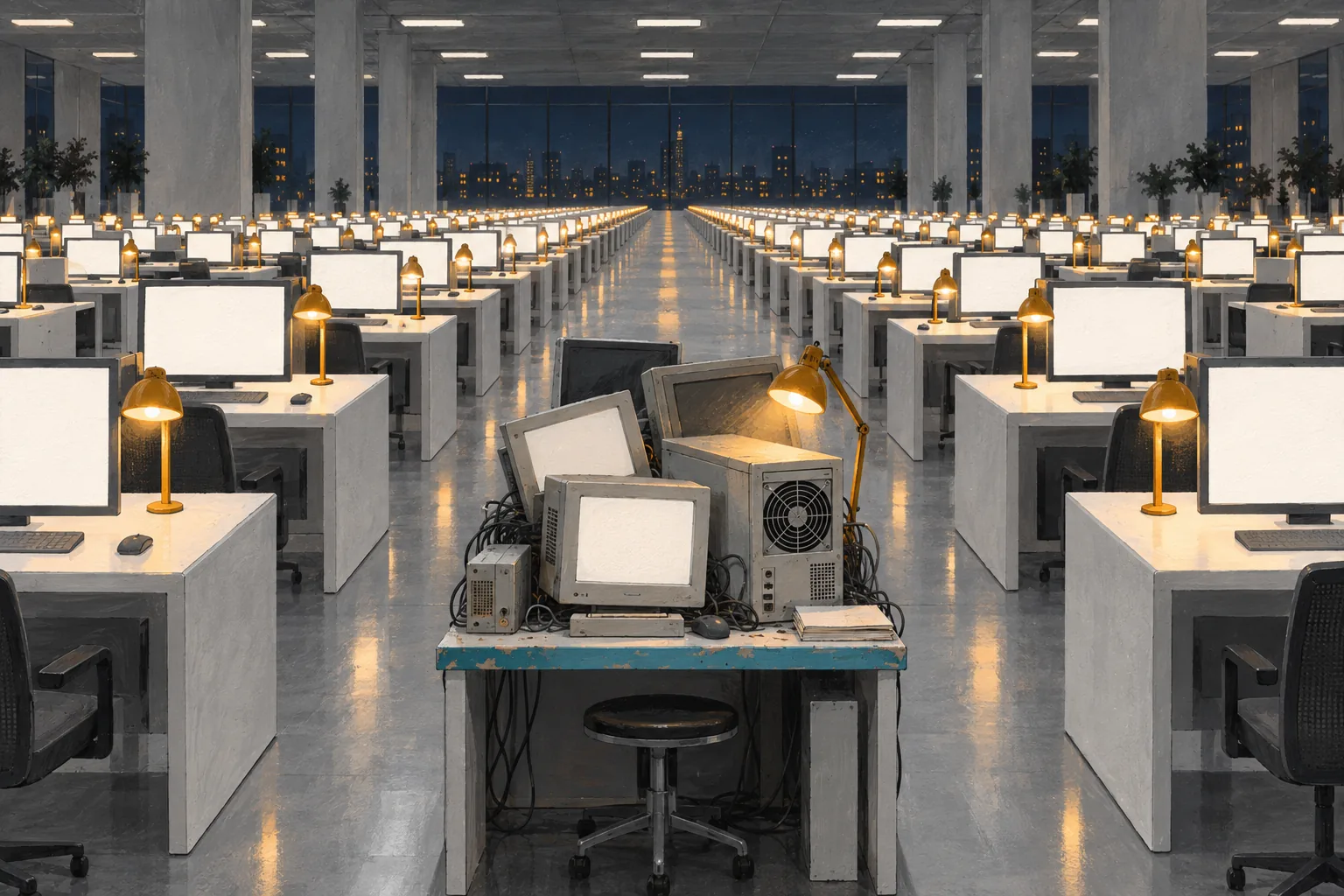An endless row of desks each with its own glowing computer, while one cramped old computer shares a small desk in the foreground