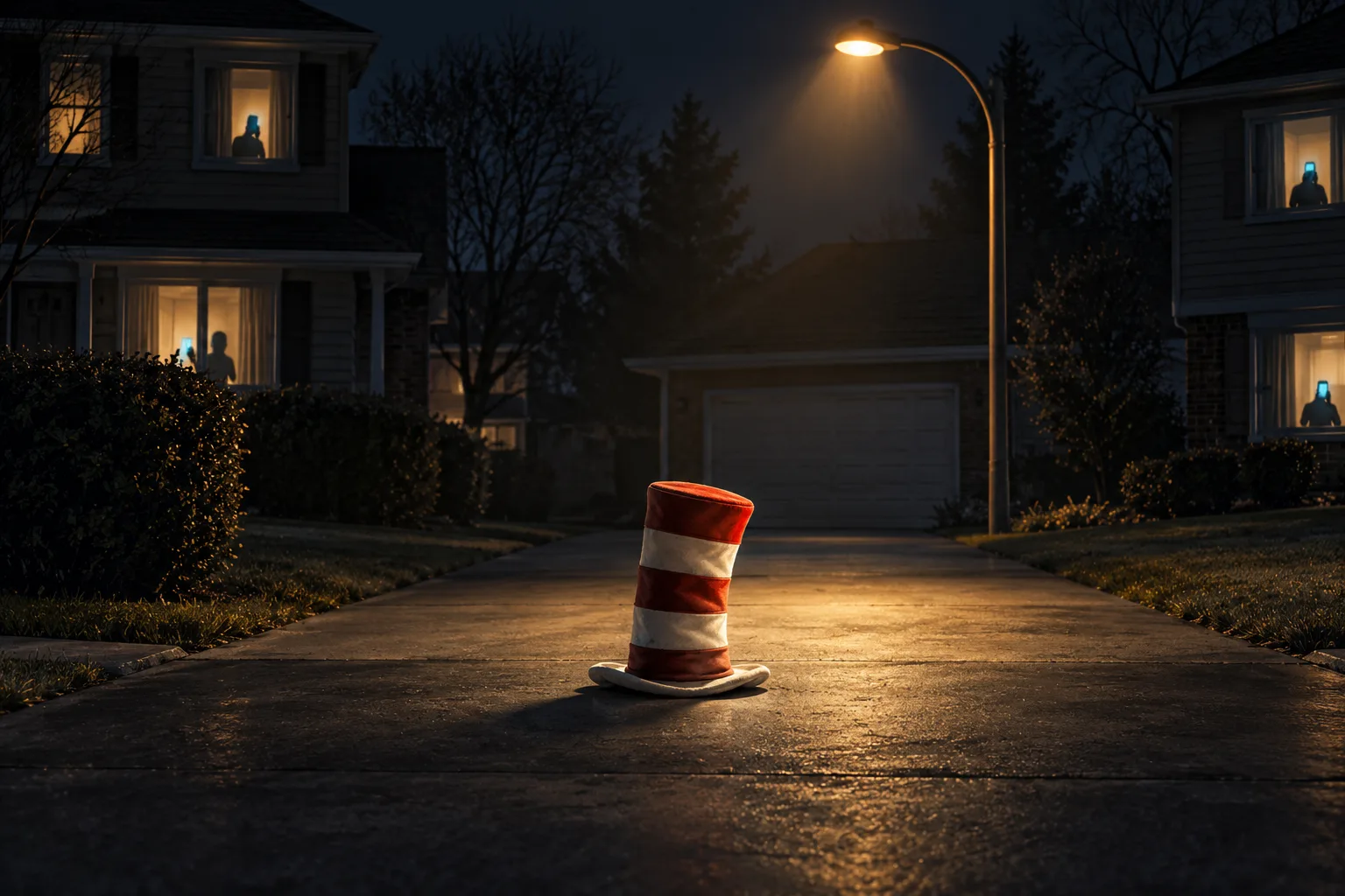 A tall striped top hat stands alone in an empty driveway at night as phone screens glow in nearby windows