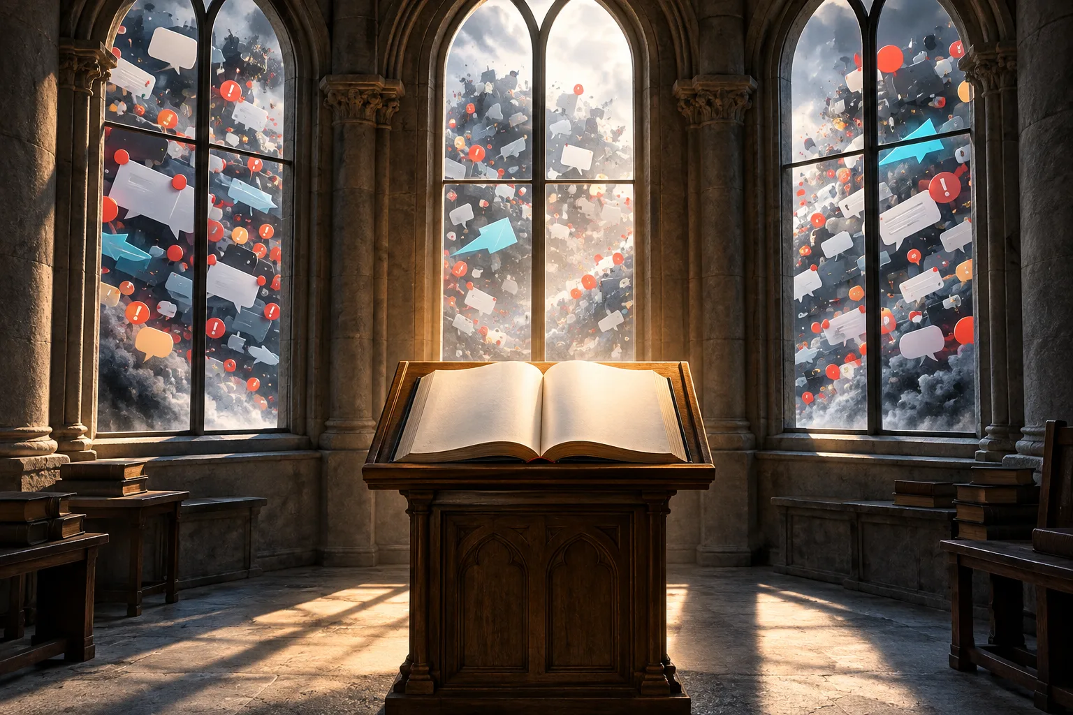 A calm stone reading room with an open book while a swarm of glowing notifications presses against the windows