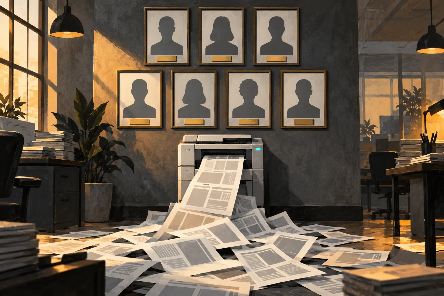 A wall of framed staff portraits shows only blank silhouettes above an unattended printer feeding out pages