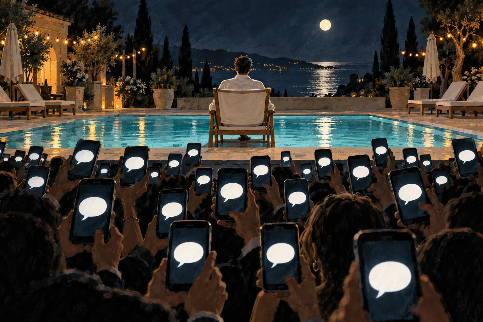 Dozens of glowing phones point at a calm figure sitting perfectly still beside a villa pool at night