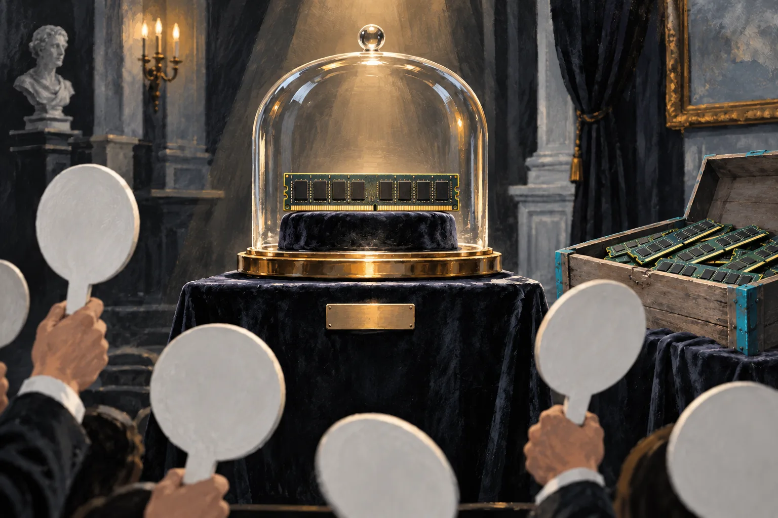 An old memory stick under a glass dome draws raised auction paddles while a crate of new memory sits ignored