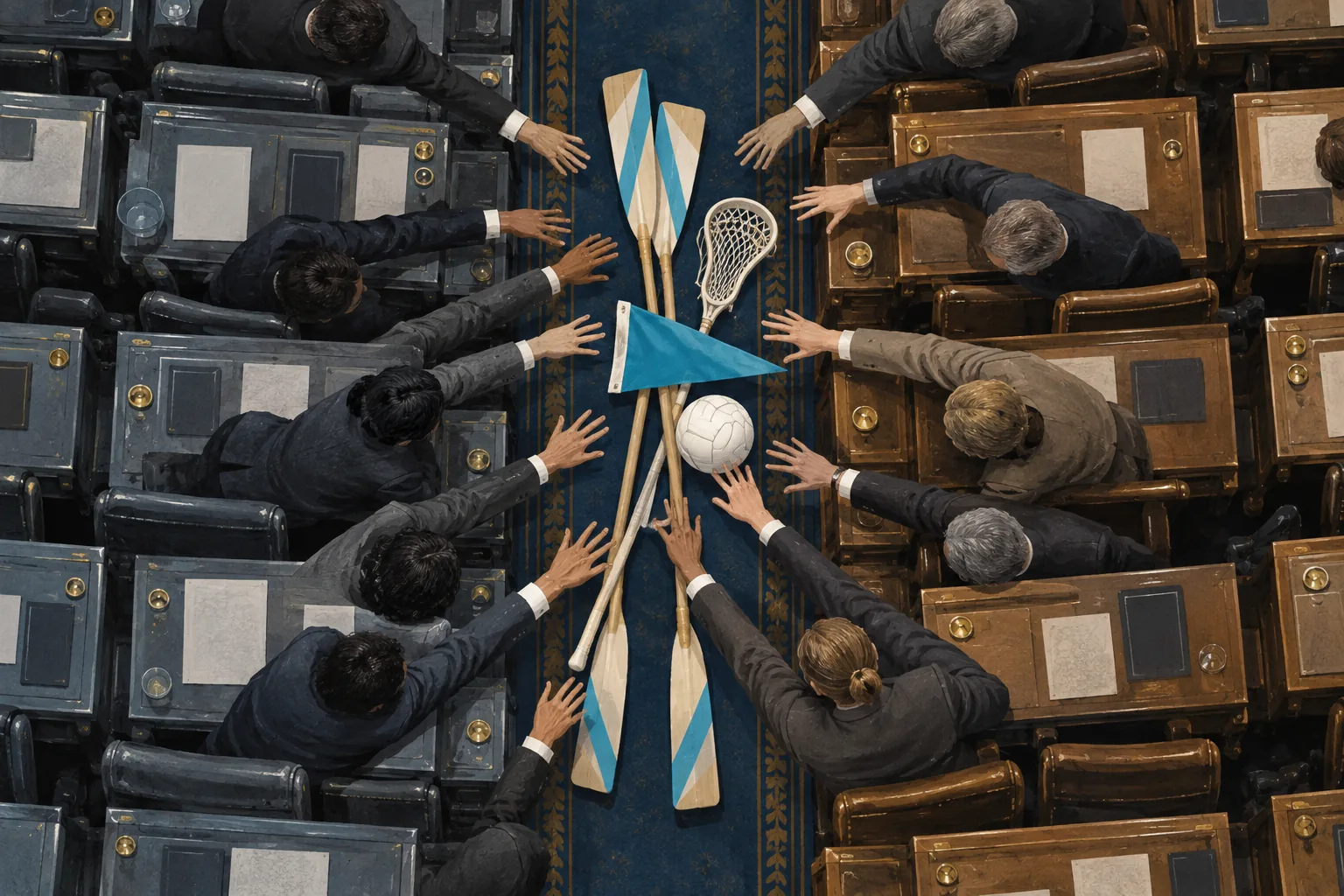 Hands from both sides of a divided legislative chamber reach together toward a small pile of college sports equipment in the aisle
