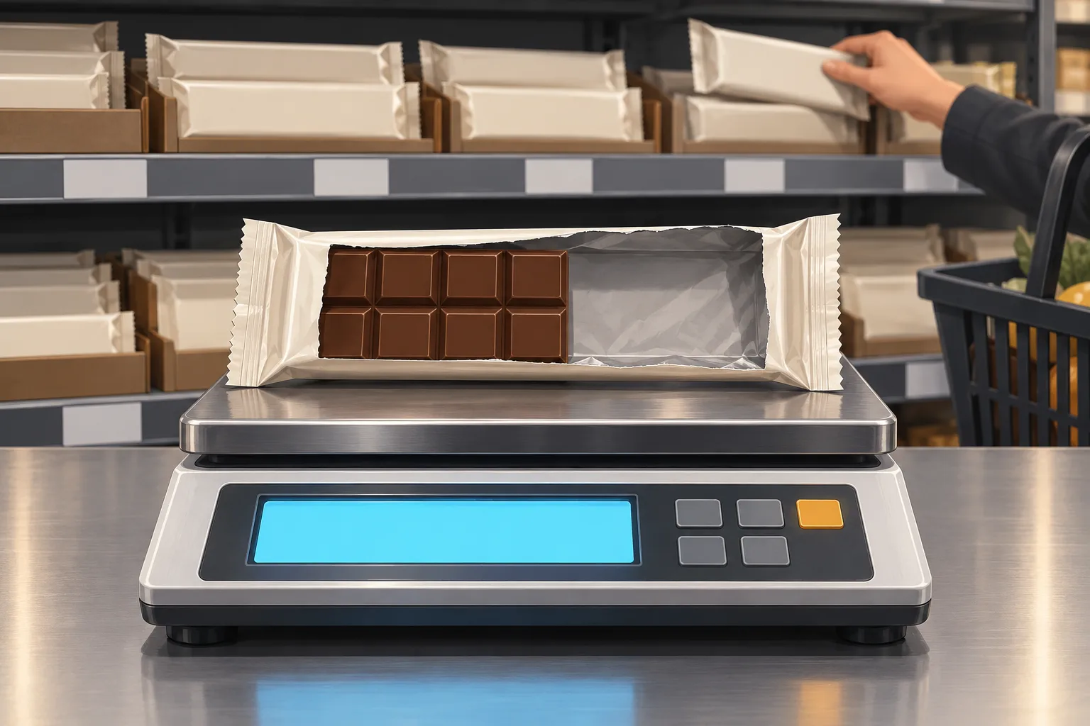 A lab scale weighs a chocolate wrapper whose bar fills only half of it while a hand reaches for another