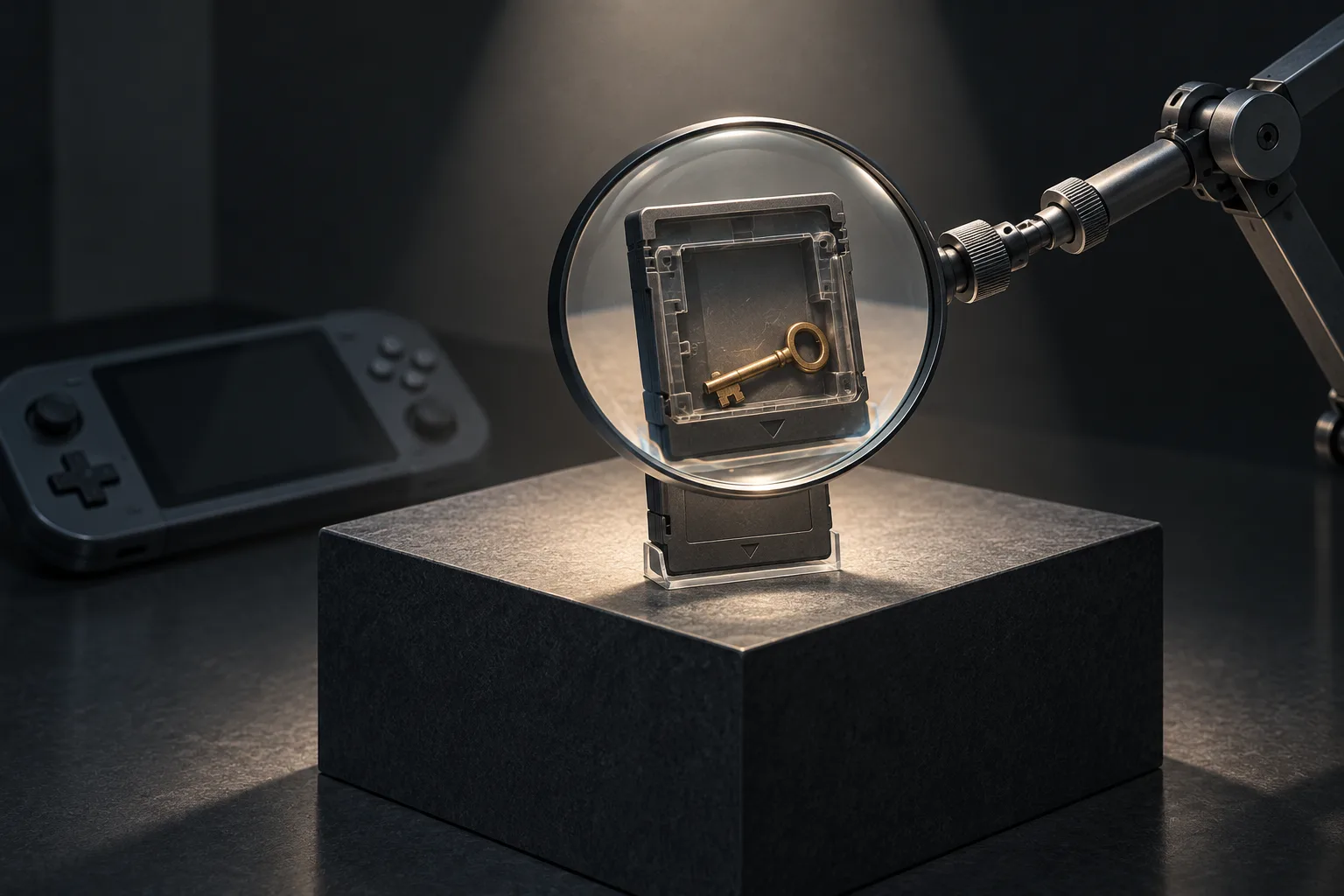 A game cartridge under a museum spotlight, revealed by a magnifying lens to contain only a small key