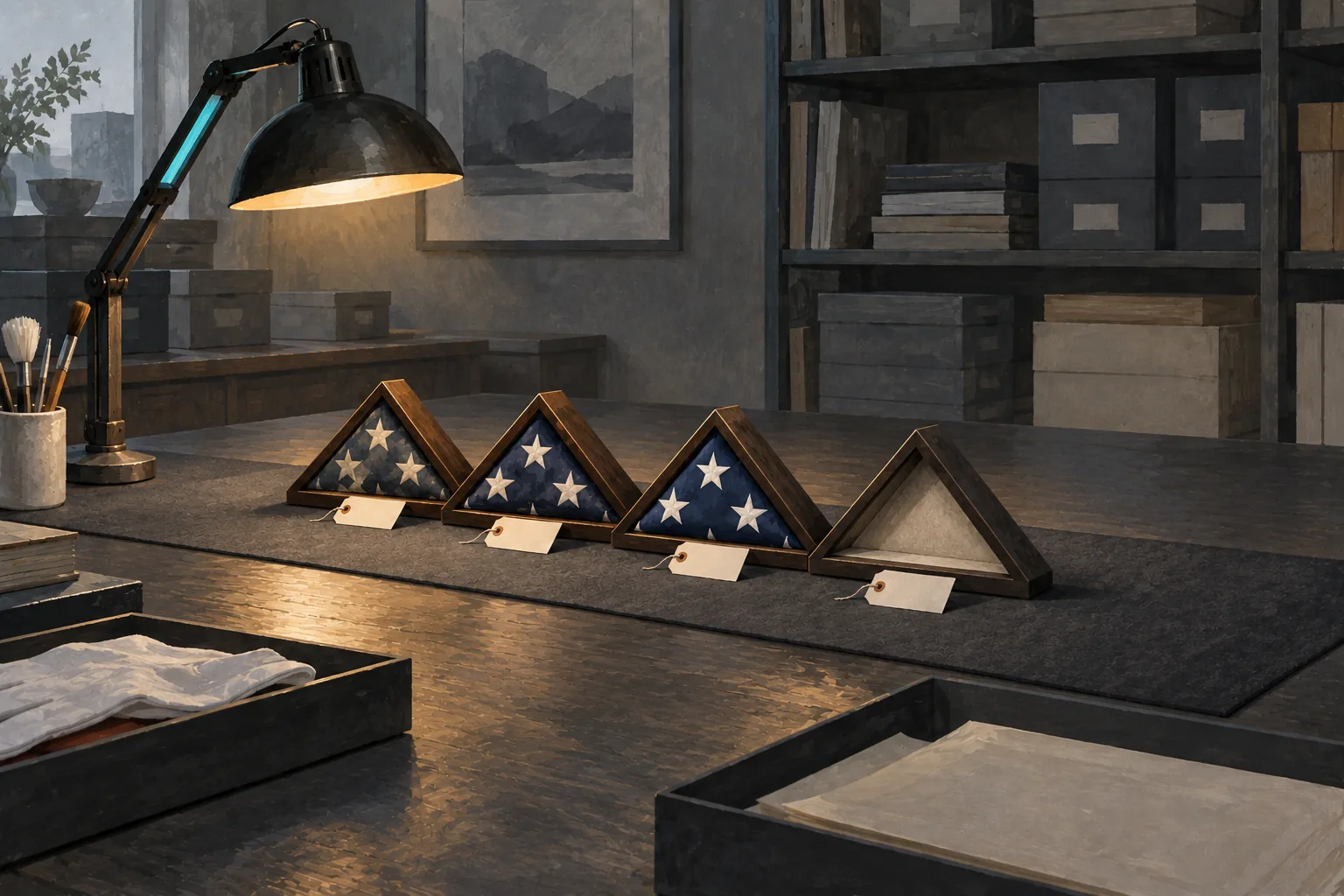 Three identical folded flags in display cases sit in a row on an archive table, with an empty fourth case at the end