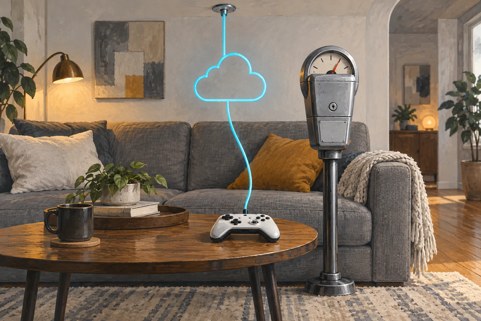 A game controller connected to a glowing cloud cable sits beside a parking meter installed next to the couch